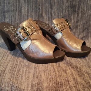 Open-Toe Bronze Leather Studded Mule Heels